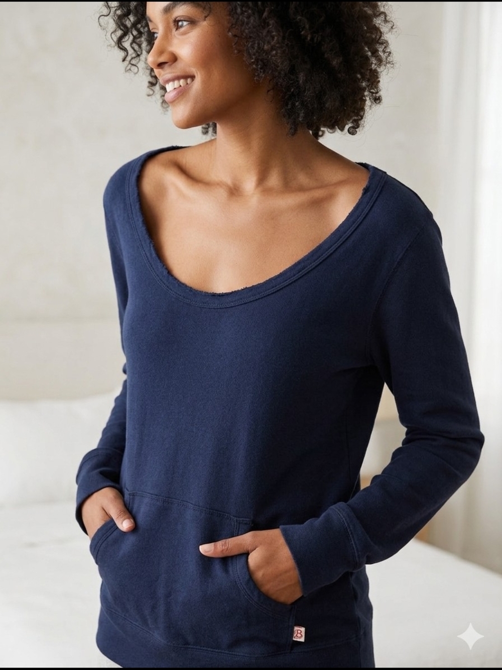 Curious Gypsy Navy Blue Deep Scoop Neck Hoodie Sweatshirt - Size L